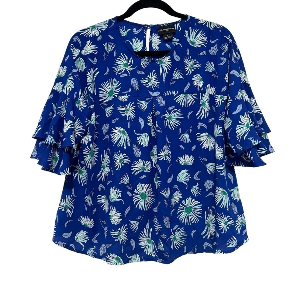 Liz Claiborne‎ Career Blue Floral Ruffle Sleeve Blouse